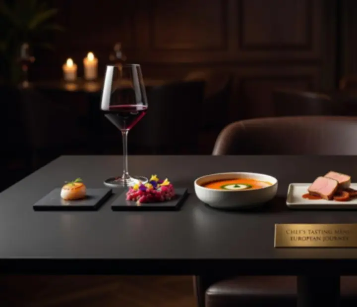 Többfogásos signature chef kóstolómenü elegáns tálalással.