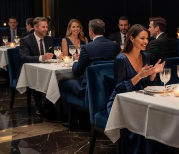 Gyertyafényes esti vacsora a Clubpointcenter sötét tónusú bistrójában, elegánsan terített asztalokkal.