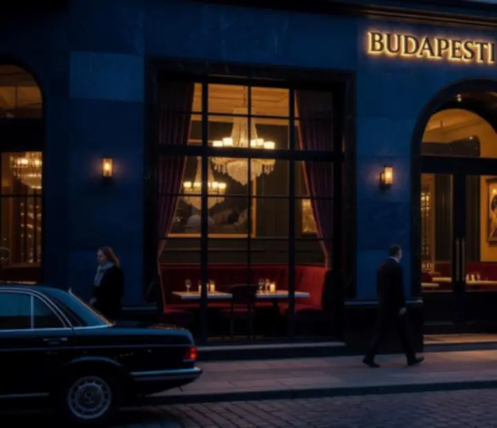 Clubpointcenter esti bejárata Budapesten, sötét tónusú homlokzattal és meleg fényekkel