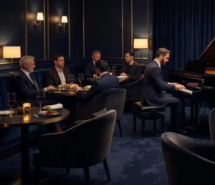 Élő jazz zenekar játszik egy sötét hangulatú bistroban, a háttérben vendégek finom borokat kóstolnak.