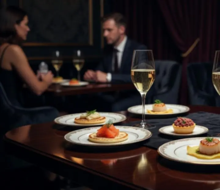 Könnyű falatok és gourmet snackek elegáns lounge asztalon kártyapaklik mellett.