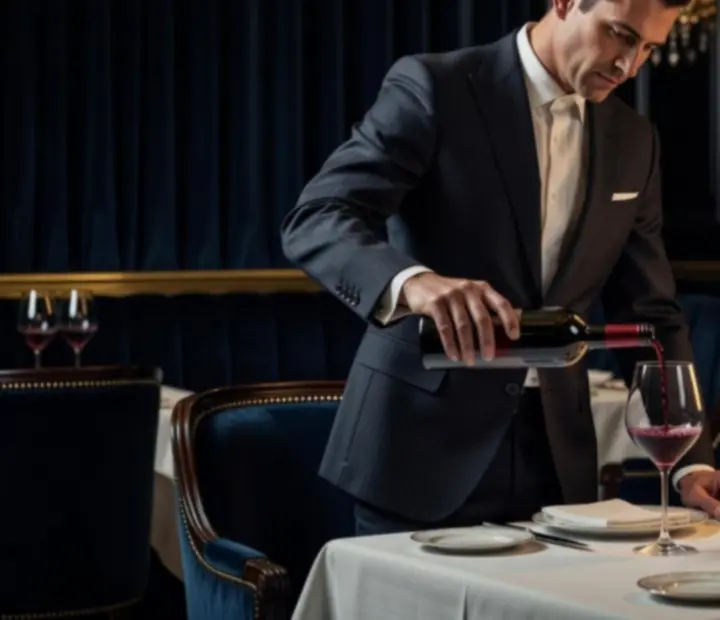 Sommelier elegánsan bort tölt egy pohárba